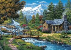Puzzle 2000 Chatka nad rzeką w górach (1)